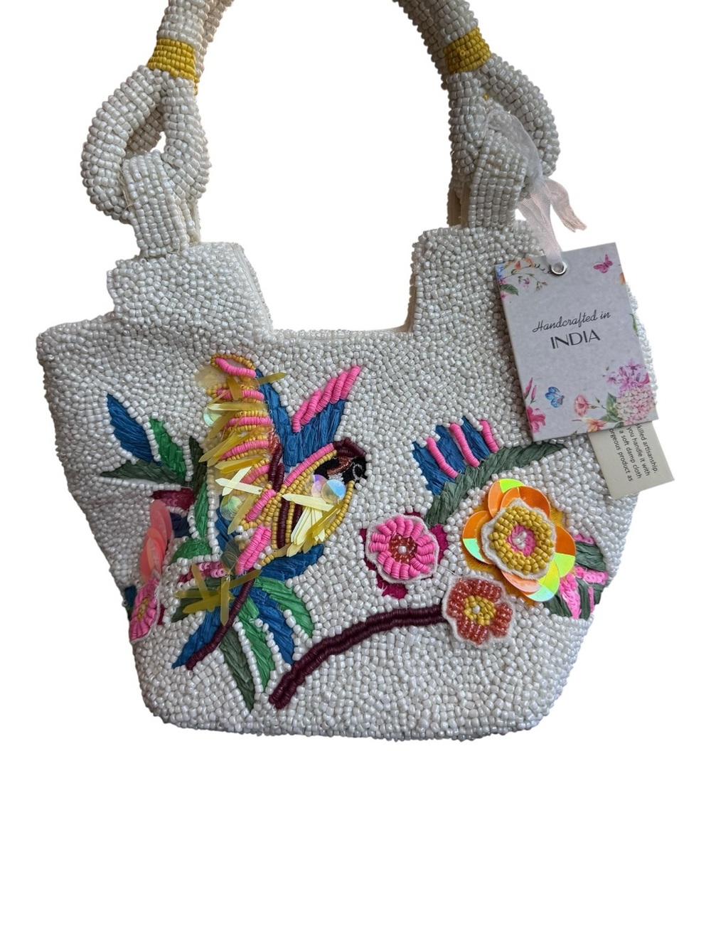 NWT Viral Handcrafted in India Beaded Tropical Parrot Floral Tote Bag